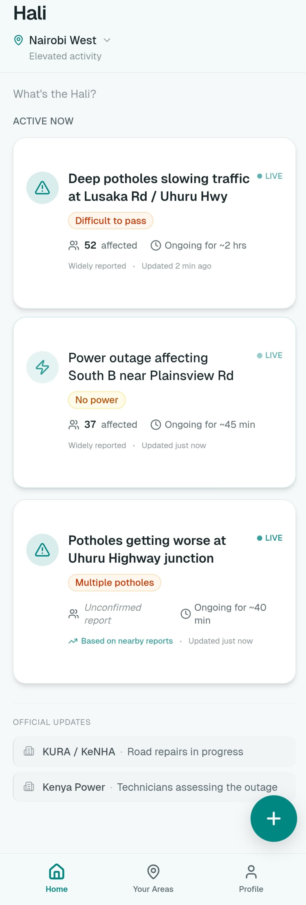 Hali app showing active civic conditions in the area
